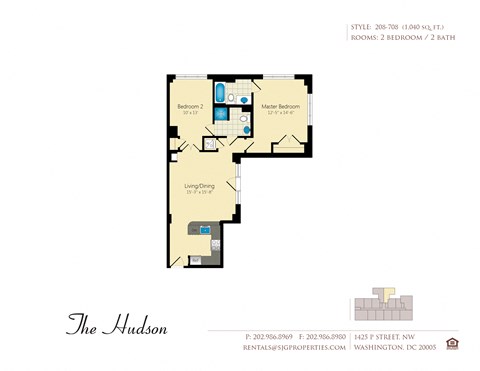 Floor plan for 2 beds, 2 baths, 1040 sqft